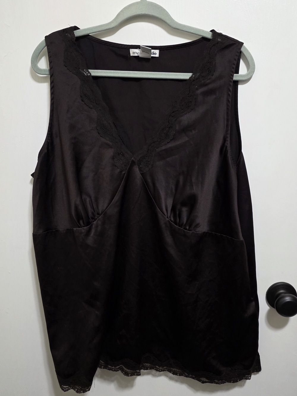 Envision Studio Black Silky Satin Lace-Trim V-Neck Camisole Tank - Plus Size 3X